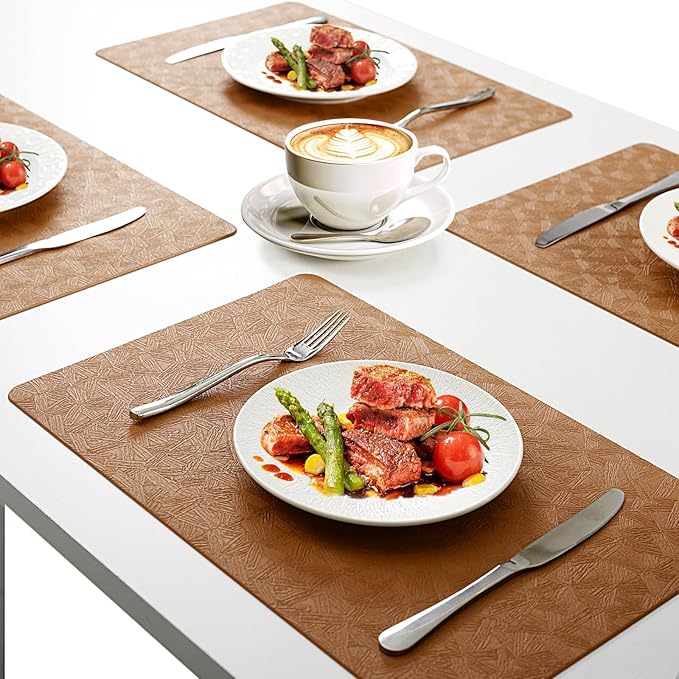 Vinyl Placemats Set of 6 Faux Leather 100% Waterproof Wipeable Washable Place Mats Heat Resistant Easy Clean Non-Slip Table Mats for Indoor Outdoor. (6, Brown)