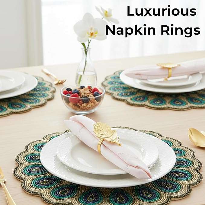 CLEENTABLE Metal Napkin Rings Set of 12, Metal Napkin Holder Cuffs for Dinner Table Décor, Thanksgiving Leaf Farmhouse Modern Serviette Rings for Christmas, Weddings, Receptions, (Gold)