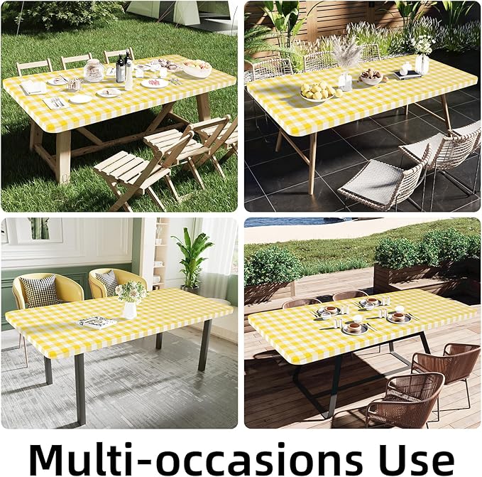 Smiry Rectangle Picnic Table Cloth, Elastic Waterproof Fitted Vinyl Tablecloths, Flannel Backed Buffalo Plaid Table Covers for Dining, Camping, Outdoor (White and Yellow, 30" x 48")
