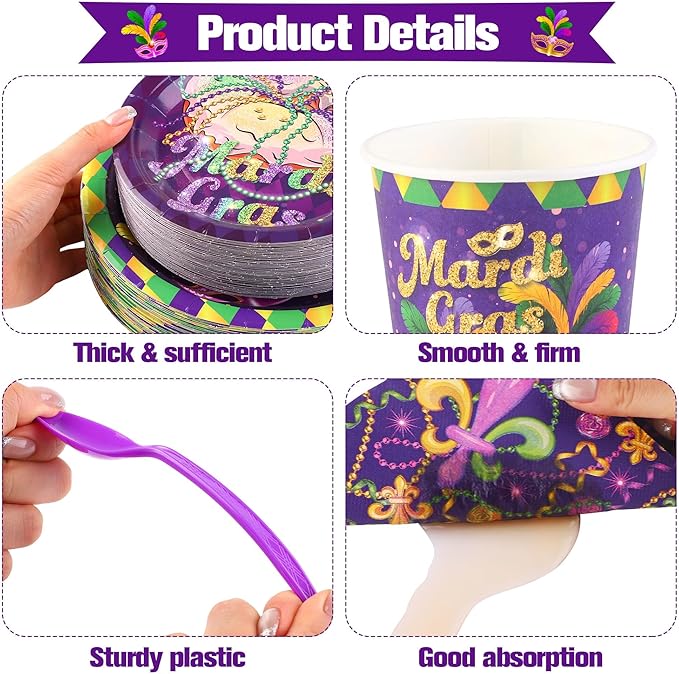 Kochorie 400 Pieces Mardi Gras Disposable Party Tableware Sets, Masquerade Table Decorations Including Plates Cups Napkins Cutlery Serves 50 for Carnival Birthday Mardi Gras Party Supplies