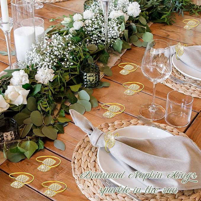 Hotop 100 Pcs Valentine's Day Napkin Rings Gold Table Decorations, Elegant Bling Leaves Napkin Rings, Rhinestone Guest Towels Buckle for Holiday Gather Party, Wedding Dinner Banquet Table Decoration