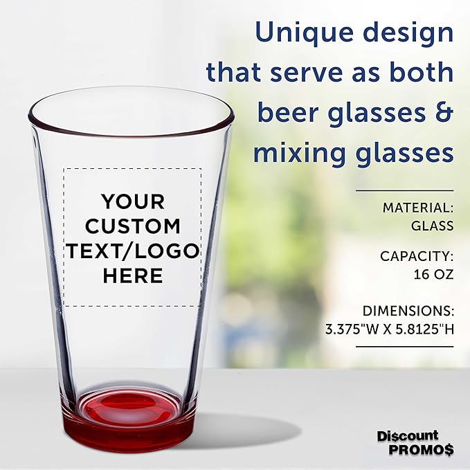 DISCOUNT PROMOS Custom Beer Pint Glasses 16 oz. Set of 10/50/100, Personalized Bulk Pack - Heavy Duty Glassware for Restaurant, Thick Base and Walls, Stackable - Red