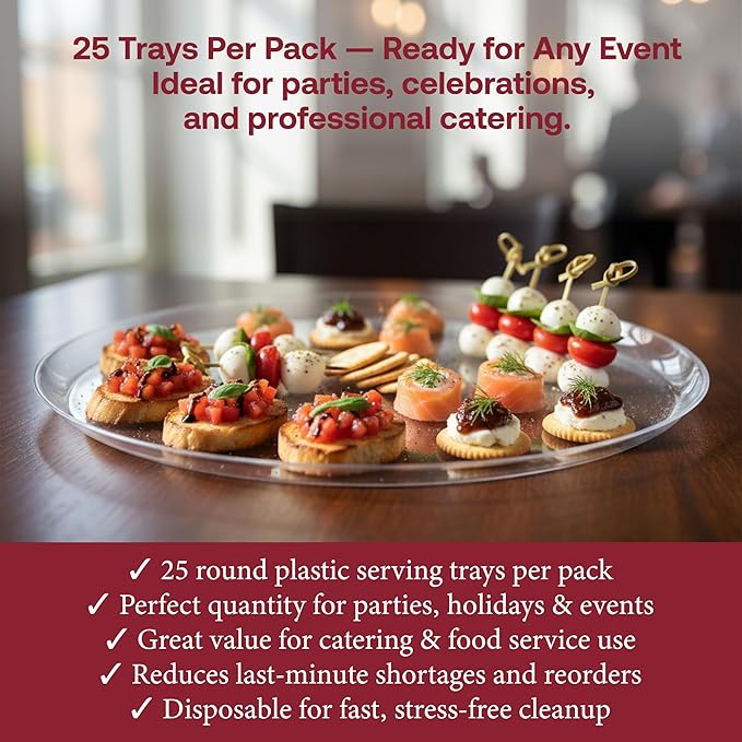 Smarty Had A Party 12 Inch Clear Round Plastic Serving Tray – Elegant Party Platters for Serving Food, Heavy-Duty Disposable Plastic Serving Trays for Catering, Weddings & Events – Set of 25