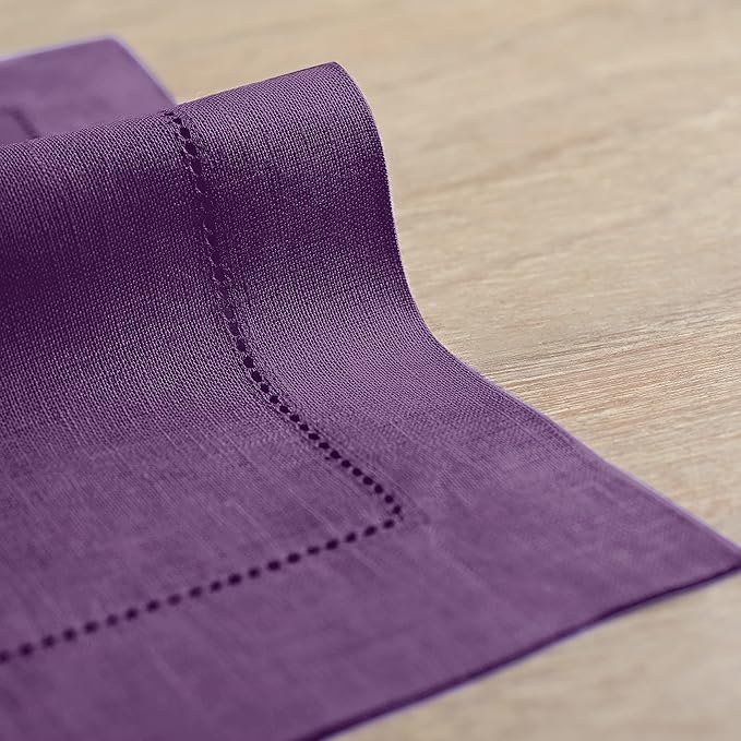 Solino Home Purple Linen Napkins Set of 6-100% Pure Linen Hemstitch Dinner Napkins 20 x 20 Inch for Valentines, Spring, Easter - Classic Hemstitch
