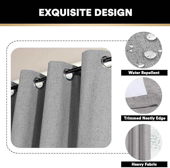 PrinceDeco Blackout Curtains for Bedroom 100% Blackout Thermal Insulated with White Liner Light Grey Curtains Grommet Linen Curtains 84 inches Long,Vertical Drapes Privacy for Bedroom,2 Panels