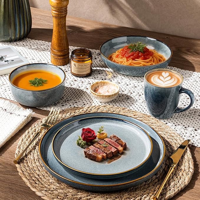 GBHOME 16 Pieces Double Bowls Ceramic Dinnerware Sets for 4, Stoneware Plates and Bowls Set with Reactive Glaze, Scratch Resistant Stoneware Dishes Set, Dishwasher & Microwave Safe