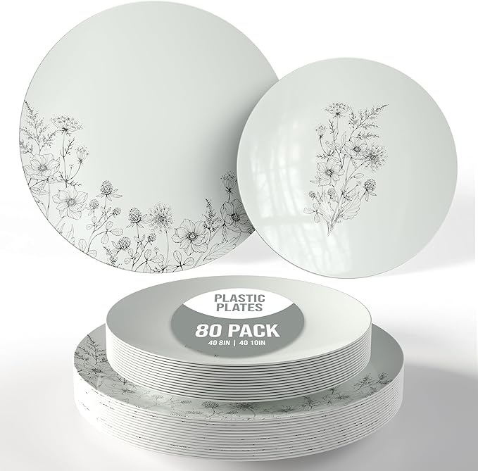 Trendables Disposable Dinnerware Decorative Plates Plastic Disposable Plates Set For 40 Guests 40 x 8 Inch Dessert Plate & 40 x 10 Inch Wedding Party Plate Set Dandelion Bloom