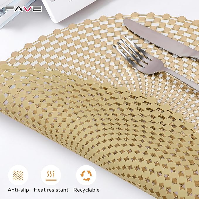 FAVE Set of 6 Gold Vinyl Round Placemats, Washable Spiral Hollow Out for Dining, Events, Home Decor & Daily Use (15 Inch)