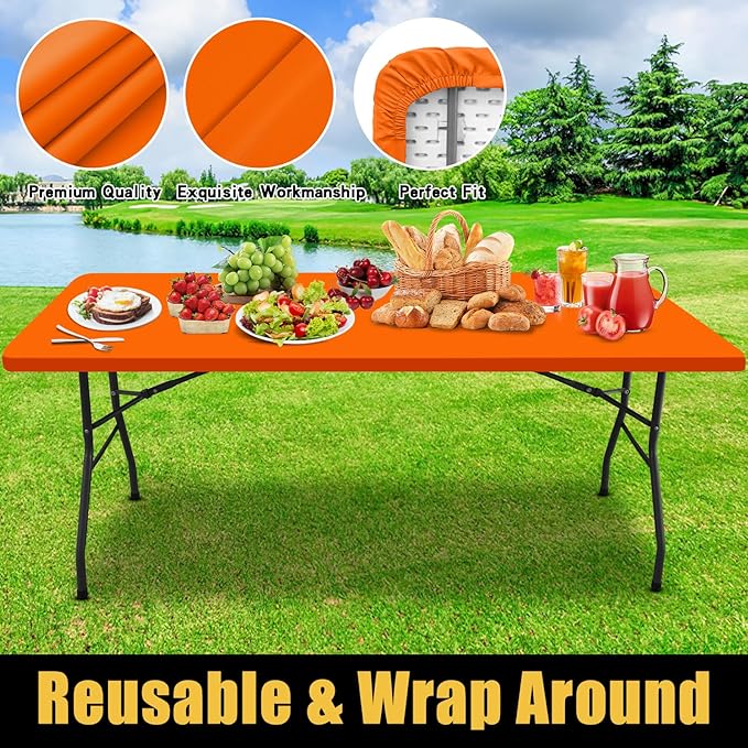 Smiry Rectangle Picnic Table Cloth, Waterproof Elastic Fitted Tablecloths for 4 Foot Tables, Washable Polyester Table Cover for Camping, Indoor and Outdoor (Orange, 30"x48")