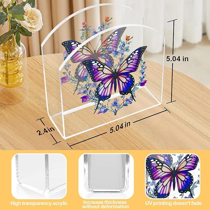 Butterfly Decor Napkin Holder for Table, 2 Pack 5"x5" Spring Paper Holder for Kitchen, Party, Dining Restaurant, Bar Summer Rustic Cocktail Paper Napkin Dispenser for Table Decoration Gift