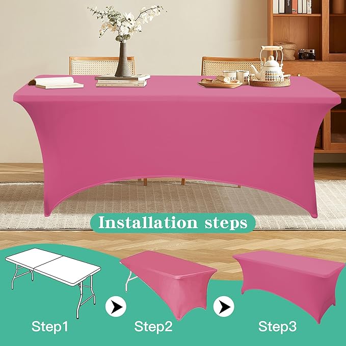 6Pack 8FT Table Cloth for Rectangular Fitted Events Stretch Purplish Red Table Covers Washable Spandex Tablecloth Protector for Party, Wedding, Cocktail, Banquet, Festival