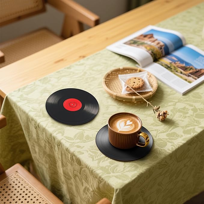 Record Coasters Leather Round Drink Coasters 6 Pcs Set with Holderor for Cup Drink Coffee Table Bar Home Decor