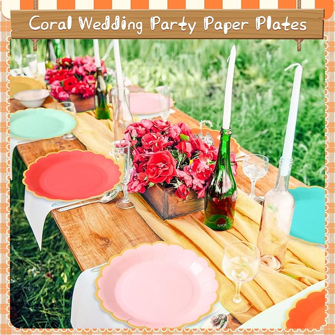48 Pcs Colorful Coral Paper Plates 9 Inch Pastel Rainbow Scalloped Paper Plates Disposable Dinner Dessert for Birthday Wedding Bridal Party Supplies, 6 Colors