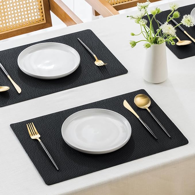 Jovono Faux Leather Placemats Set of 4, Waterproof Washable Table Mats, Easy-Clean Heat Resistant Kitchen Vinyl Place Mat for Dining Table, Restaurant, Indoor, 17.8"x11.8", Black