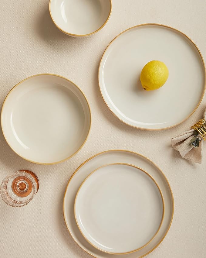 Large Holiday Dinnerware Sets for 8, Ceramic Plates and Bowls Set, Kitchen Dish Set, Microwave & Dishwasher Safe Dishware, Perfect for Christmas & Thanksgiving, Yellow White