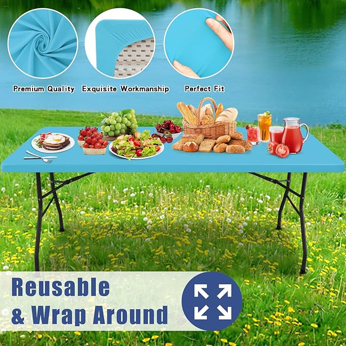 Spandex 8 Foot Rectangle Table Cloth 2 Pack, Elastic Fitted Tablecloths for Picnic, Stretch Washable Patio Table Cover for Outdoor, Camping, Banquet and Parties (Blue Mist, 30"x96")