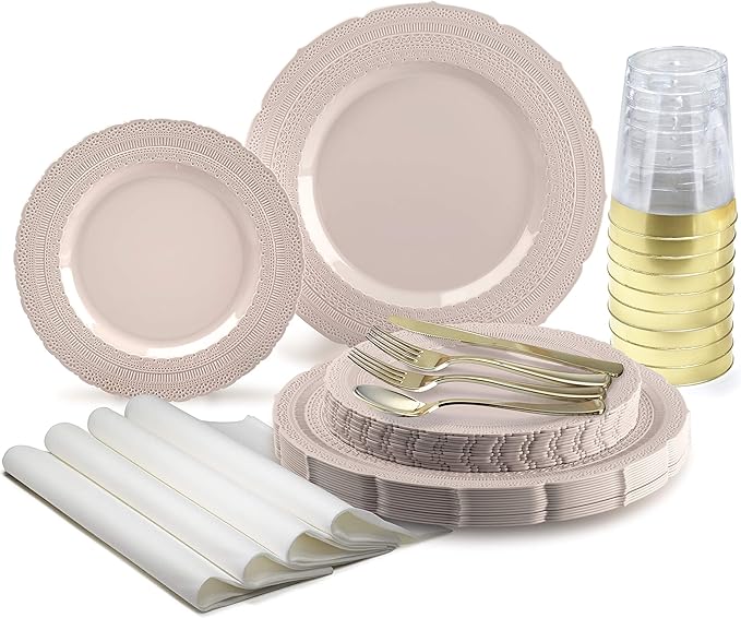 " OCCASIONS " 640pcs set (80 Guests)-Extra Heavyweight Vintage Wedding Disposable/Reusable Plastic Plates (80 x 11'' + 80 x 8.25'')+Silverware+Cups+Napkins (Chateau in Pink Blush)