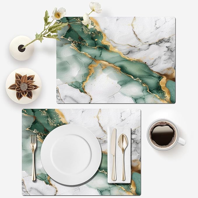 Mcalk Green Marble Table Runner and Placemats Set of 6, Marble Print Placemats, Modern Cloth Place Mats Indoor for Kitchen,Washable Linen Material for Dining Table