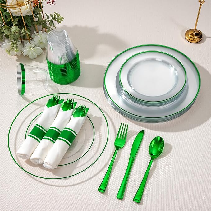 SUT 175 Pcs Green and Clear Plastic Dinnerware Set for 25 Guests, Include: 25 Dinner Plates, 25 Dessert Plates, 25 Pre Rolled Napkins With Silverware, 25 Cups, Disposable Plates for Party