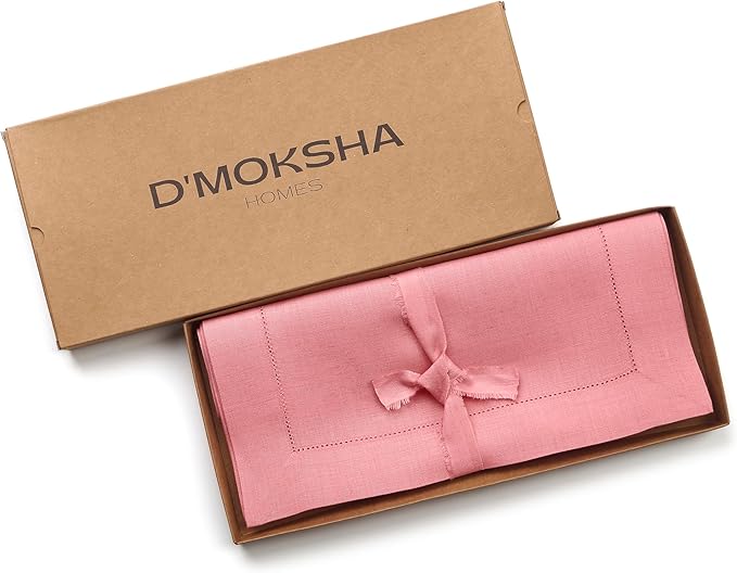 D'Moksha Homes Linen Dusty Pink Table Runner 108 Inches Long - 100% Pure Linen 14 x 108 Inch Table Runner for Valentines, Spring, Easter - Classic Hemstitch