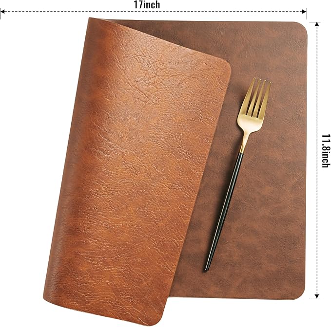 DOLOPL Thanksgiving Placemats Set of 6 Reversible Dual-Color Table Placemats – Heat Resistant Wipeable & Washable Place Mats, Luxury Faux Leather Table Mats for Table Decor(Reddish Brown & Brown)