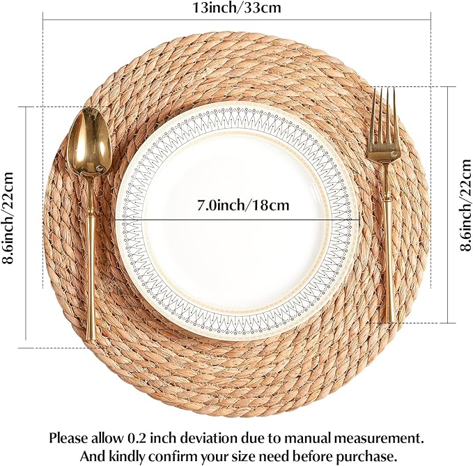 Round Woven Placemats - Boho Rattan Natural Water Hyacinth, Farmhouse Weave Place Mats, Rustic Braided Wicker Table Mats for Dining Table, Home, Wedding (13 Inch Set of 8)