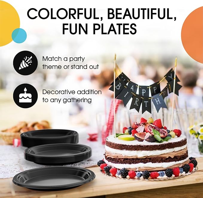 Black Plastic Plates For Party 7" Black Disposable Plates Heavy Duty 100 Pcs Plastic Dinnerware Sets Heavy Duty 350 GSM Disposable Dinnerware Set