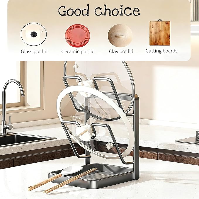 Kitchen Pot Lid Storage Rack, Pot Lid Holder for Countertop, Pot Lid Organizer Rack with Tray, Lid And Spoon Rest, Multifunctional Stand for Stove Top Kitchen Accessories (Beige, Double-layer)