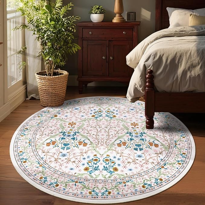 GarveeHome Pink Floral 6 ft Round Rug Washable Non-Slip Soft Low Pile Circle Carpet Vintage Rugs for Kitchen Bedroom Nursery Dining Living Room