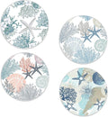 Seashell Coasters Set of 4, Starfish Beach Theme Round 4" Cup Coasters with Cork Base, Absorbent Ceramic Stone Coaster for Table Home Décor, Ideal Gifts for Women Men