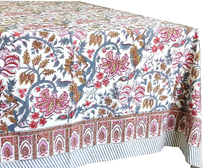 ATOSII Eden 100% Cotton Fall Tablecloth, Handblock Floral Print Rectangle Linen for Kitchen Dining I Parties Wedding Christmas Thanksgiving Outdoors I Spring Summer 72 X 108 Inches I 8 Seater Table