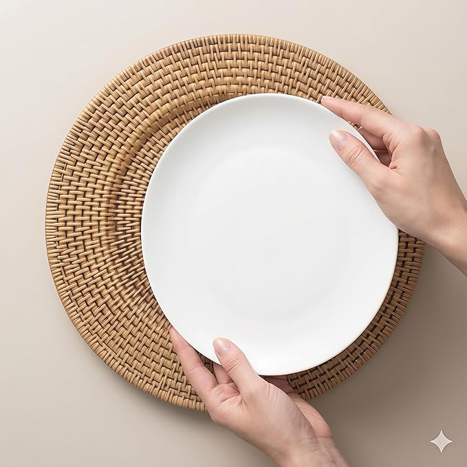 13 Inch Antique Gold Charger Plates Set of 6 Round Plastic Plates Matte Finish Faux Rattan Woven Texture Charger plates for Wedding Party Christmas (609)