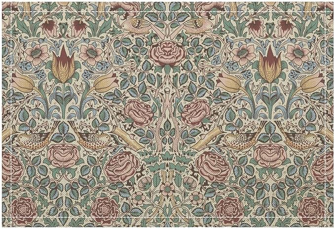 William Morris Placemat Set, Beige Blue Pink Vintage Rustic Art Exotic Ethnic Floral Bird Seamless Pattern Home Decor Linen Table Mats for Dining Room Kitchen Party (17x12in) x6P