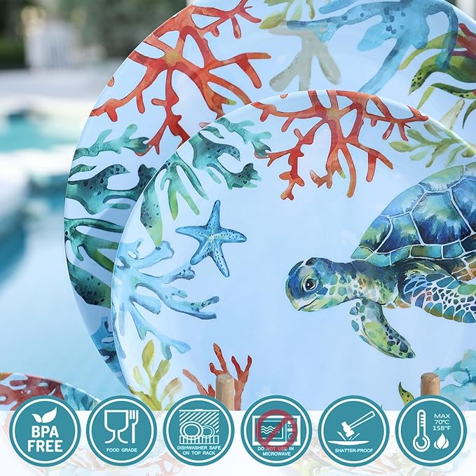 12-Piece Melamine Turtle Dinnerware Set, Ocean Plates and Bowls Sets, Indoor Outdoor Dish Sets for 4, Unbreakable Lightweight Tableware Set - Turtle