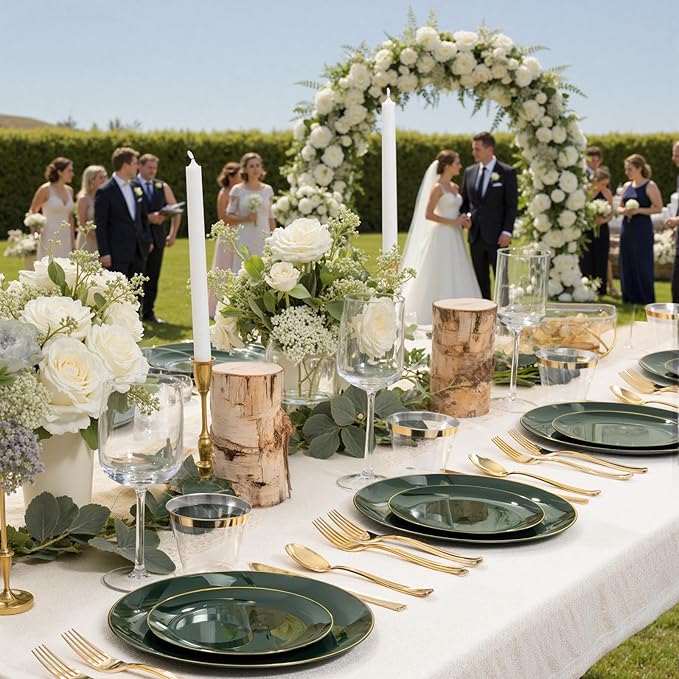 WDF 150Pcs Green Plastic Plates - Green Plates Disposable with Gold Rim - 25Guest Disposable Dinnerware Include 50 Plastic Plate, 75 Gold Cutlery & 25 9oz Cups for St. Patrick's Day