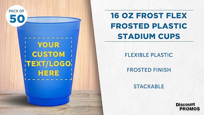 DISCOUNT PROMOS Custom Frosted Plastic Stadium Cups, 50 pack, Promotional Text, Logo, 16 oz. Shatterproof Flexible Reusable Party Cups, Blue