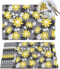 Placemats Set of 6 Vintage Daisy Place Mats Abstract White Yellow Floral Woven Table Mats Washable Black Grey PVC Placemat for Dining Kitchen Decor Indoor Outdoor, 12 x 18 Inch