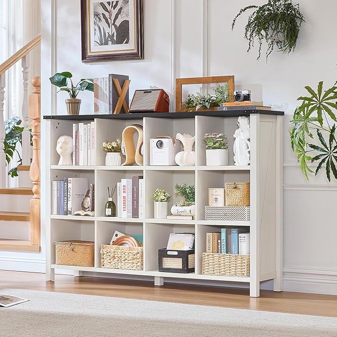 12 Cube Storage Organizer, Farmhouse 62 Inch Warm White Display Bookshelf, Wooden 3 Tier Large Open Book Shelf, Modern Bookcase for Home Office, Rustic Cubby Cabinet for Living Room, Bedroom