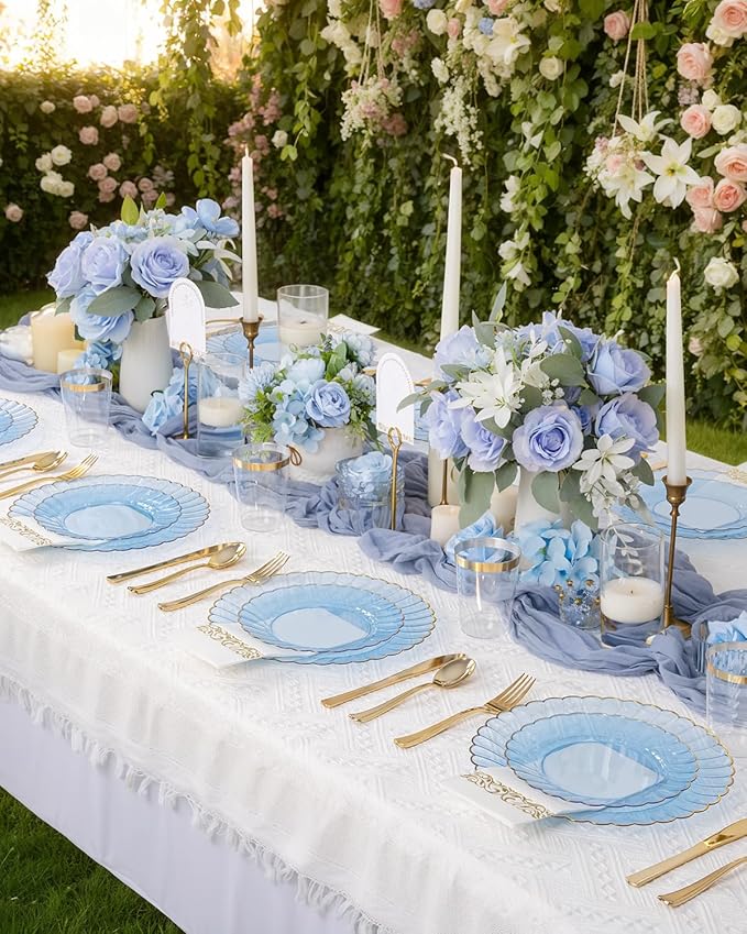 YOUBET 175PCS Clear Blue Scalloped Plastic Plates - Blue and Gold Disposable Dinnerware Set Include 50 Plates, 75 Gold Silverware, 25 Cups, 25 Napkins for Party & Wedding & Baby Shower