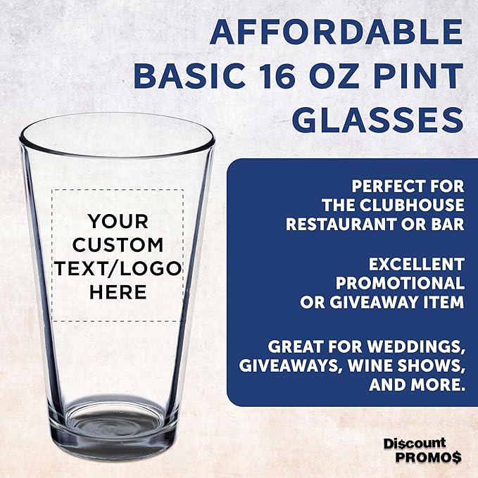 DISCOUNT PROMOS Custom Beer Pint Glasses 16 oz. Set of 10/50/100, Personalized Bulk Pack - Heavy Duty Glassware for Restaurant, Thick Base and Walls, Stackable - Clear
