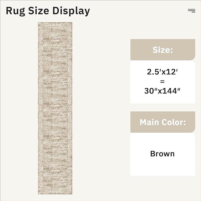 Runner Rug 2'6" x 12' Washable Non-Slip Runner Rugs for Kitchen Bathroom Laundry Room Vintage Ultra Thin Runners for Hallway Entryway Brown