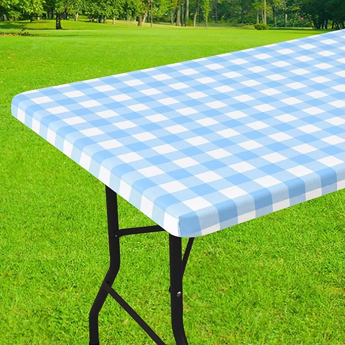 Smiry Rectangle Picnic Table Cloth, Elastic Waterproof Fitted Vinyl Tablecloths, Flannel Backed Buffalo Plaid Table Covers for Dining, Camping, Outdoor (Baby Blue and White, 30" x 72")