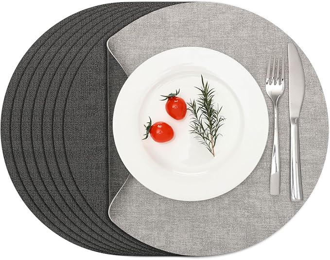 Myir JUN Reversible Vinyl Round Placemats Set of 8, Faux Leather Place Mats Dual Sided Waterproof Oilproof Wipeable, Heat-Resistant Table Mats for Kitchen Dining Indoor Outdoor (14", Light Gray Gray)