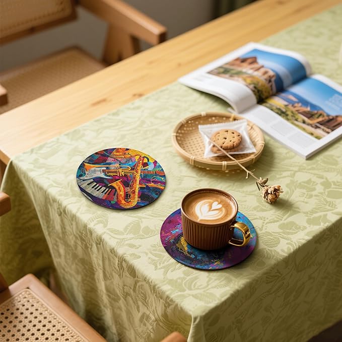 Musical Coasters Leather Round Drink Coasters 6 Pcs Set with Holderor for Cup Drink Coffee Table Bar Home Decor