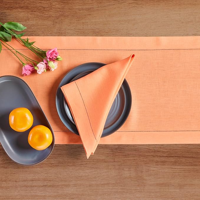 Solino Home Linen Coral Hemstitch Table Runner 48 Inches - 100% Pure Linen Small Table Runner 14 x 48 Inch Ideal for Dresser and Coffee Tables, Valentines, Spring, Easter - Classic Hemstitch