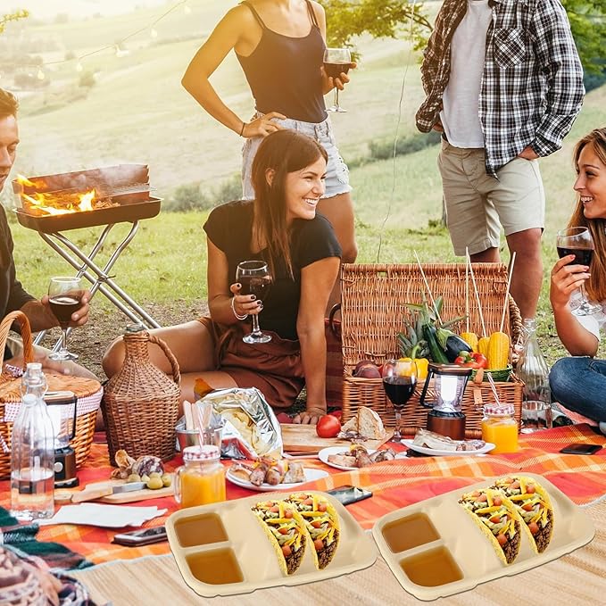 50 Pack Taco Plates Disposable With Dipping Sides - Biodegradable Cornstarch Taco Holder - Taco Stand for Taco Tuesday, Mexican Party, Picnics - Size Fit for 4-6 Inch Tortilla
