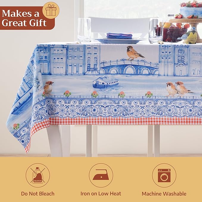 Maison d' Hermine Table Cloth Square Table 100% Cotton 54 x 54 Inches Tablecloth Reusable Decorative for Dining Room Farmhouse Home Valentines Day Decorations Spring Summer - Amsterdam Canals