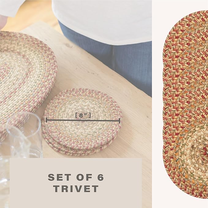 Homespice Harvest Jute Braided Kitchen Trivets for Hot Dishes, Warm Country Decor, Set of 6, Multicolor 8" Round Heat Resistant Mat - Rich Colors, Easy to Clean, Durable and Protects Furniture