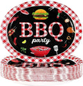 Grencian 50 Pcs BBQ Birthday Party Supplies 10" × 12" Large Red Gingham and Black BBQ Oval Paper Plates Disposable Heavy Duty BBQ Party Plates for Picnic Barbecue Baby Shower Birthday Decorations