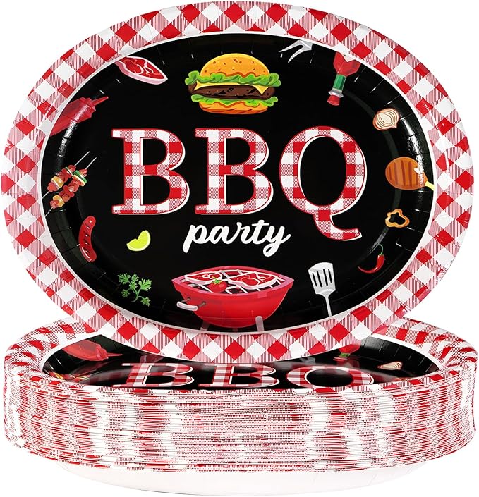 Grencian 50 Pcs BBQ Birthday Party Supplies 10" × 12" Large Red Gingham and Black BBQ Oval Paper Plates Disposable Heavy Duty BBQ Party Plates for Picnic Barbecue Baby Shower Birthday Decorations